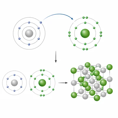 Particle model showing sodium and chlorine forming sodium chloride.