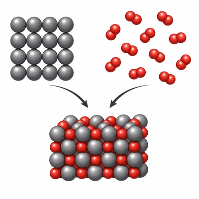 Particle model showing iron and oxygen forming iron oxide.