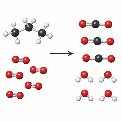 Molecular model showing propane and oxygen producing carbon dioxide and water.