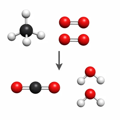 Molecular model showing methane and oxygen producing carbon dioxide and water.