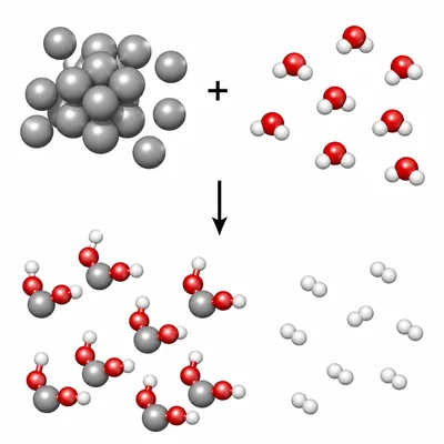 Particle model showing calcium and water forming calcium hydroxide and hydrogen gas.