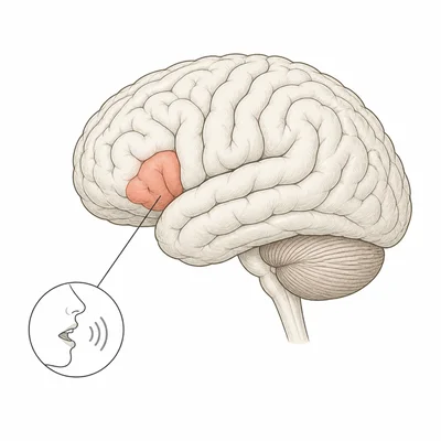 Left frontal brain region associated with speech production highlighted.