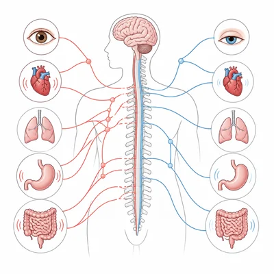 Autonomic nervous system diagram showing two pathways influencing major organs.