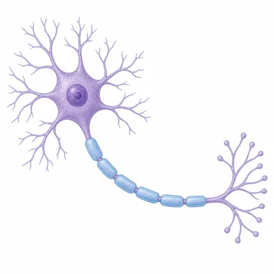 Diagram of a neuron showing dendrites, cell body, axon, myelin sheath, and axon terminals.