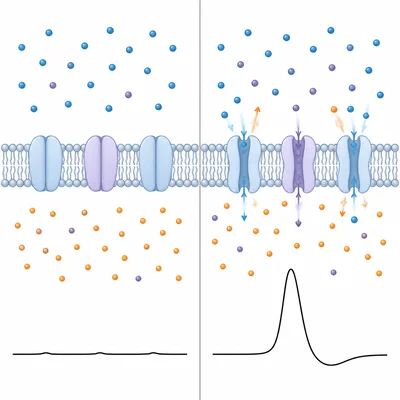 Side-by-side diagram of resting potential and action potential in a neuron membrane.
