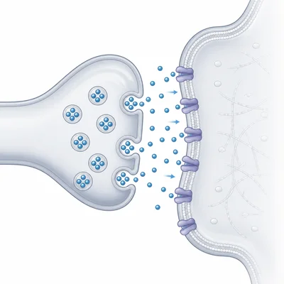 Neurotransmitters crossing a synapse from an axon terminal to receptors on a receiving neuron.