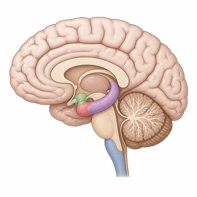 Side-view brain diagram highlighting the medulla, cerebellum, amygdala, hippocampus, and hypothalamus.