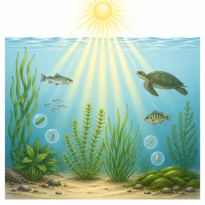 Sunlight reaching underwater plants and algae in an aquatic ecosystem.