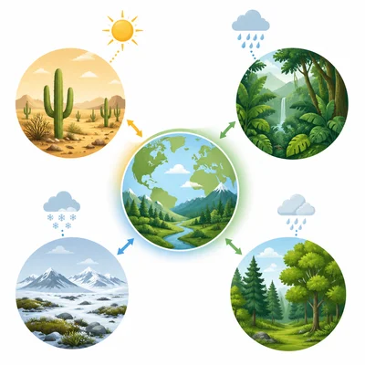 Different climates shown with matching biomes such as desert, rainforest, tundra, and forest.