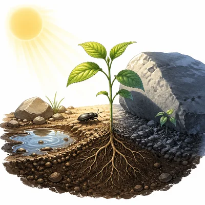 Sunlight, water, rocks, and soil affecting plants and small animals.