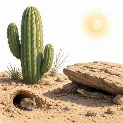 Desert plants and animals showing adaptations for dry, hot conditions.