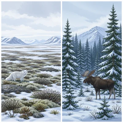 Side-by-side tundra and taiga landscapes.