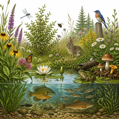 A biodiverse ecosystem with many different plants, animals, and fungi.