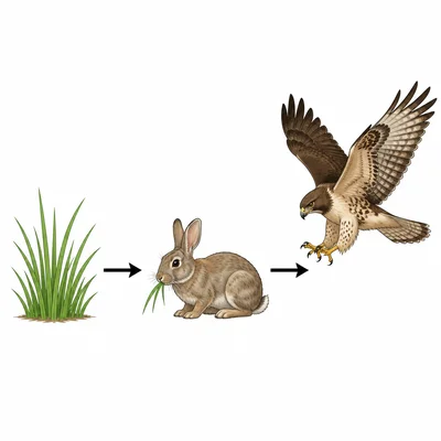 Grass eaten by a rabbit, which is hunted by a hawk.