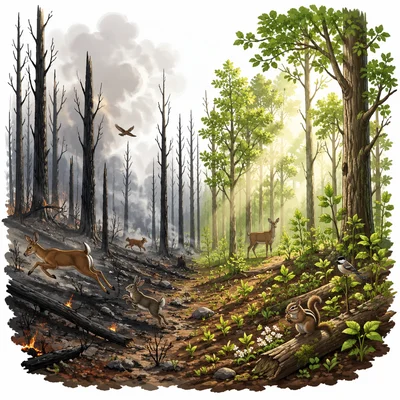 A forest fire causing damage while also allowing new growth.