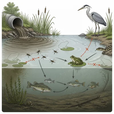 Pollution in a pond reducing frogs and disrupting the food web.