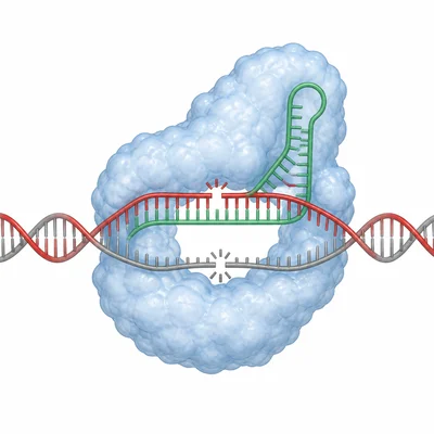 Diagram of Cas9 guided by RNA cutting a DNA double helix.