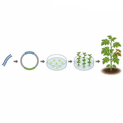 Workflow diagram showing DNA insertion into plant cells and growth into transgenic plants.