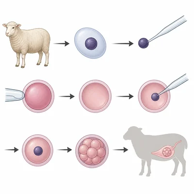 Diagram of sheep cloning by transferring a body cell nucleus into an enucleated egg.