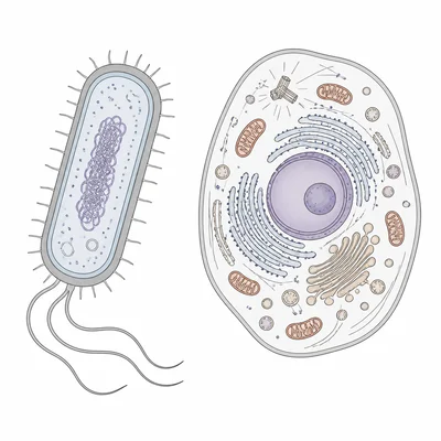 Side-by-side diagram of a prokaryotic cell and a eukaryotic cell, showing that the eukaryotic cell has a nucleus and organelles.