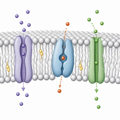 Close-up diagram of a phospholipid bilayer with embedded proteins and small particles passing through.
