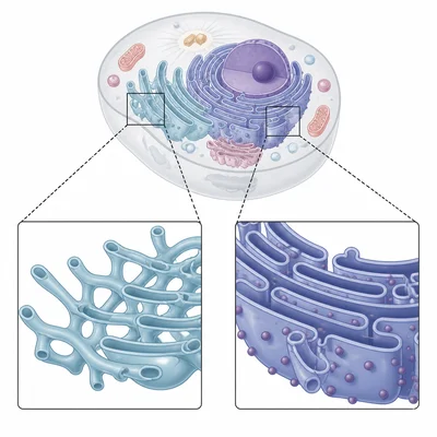 Diagram comparing smooth endoplasmic reticulum without ribosomes and rough endoplasmic reticulum with ribosomes.
