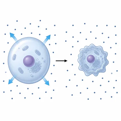 Diagram of a cell in a hypertonic solution losing water and shrinking.