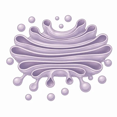 Diagram of the Golgi apparatus with stacked sacs and budding vesicles.