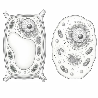 Side-by-side diagram of a plant cell with a cell wall and an animal cell without a cell wall.