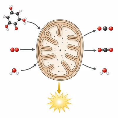 Diagram showing molecules entering and leaving a mitochondrion during cellular respiration with energy released.