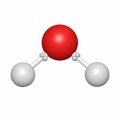 Bent water molecule model showing covalent bonds between one central atom and two smaller atoms.