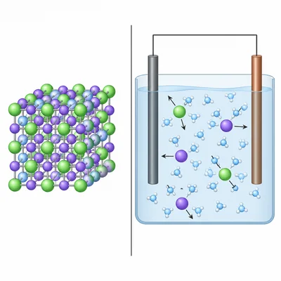 Comparison of ions locked in a solid lattice versus free-moving ions in water.