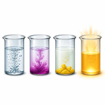 Beakers showing bubbles, color change, precipitate, and heat or light from a reaction.