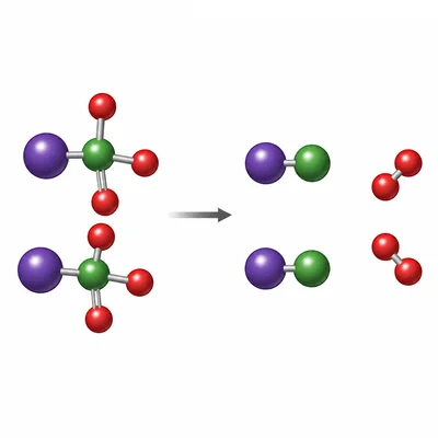 Potassium chlorate shown breaking down into potassium chloride and oxygen.