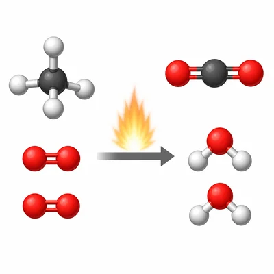 Methane and oxygen shown forming carbon dioxide and water.