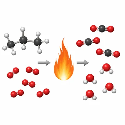 Propane and oxygen shown forming carbon dioxide and water.