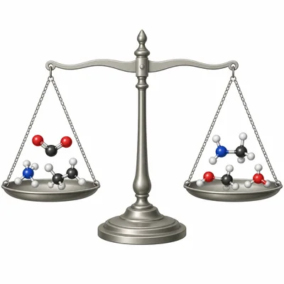 A balanced scale with the same colored atoms arranged into different molecule groups on each side.