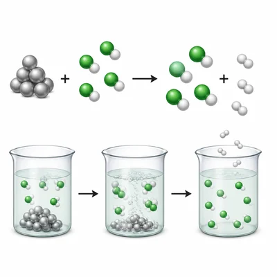 Zinc and hydrogen chloride shown forming zinc chloride and hydrogen gas.
