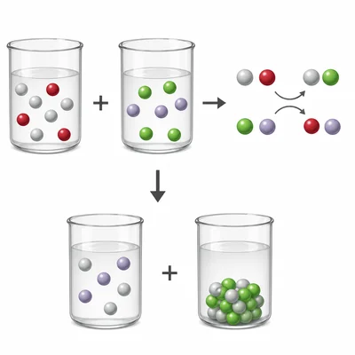 Silver nitrate and sodium chloride shown exchanging partners to form silver chloride and sodium nitrate.