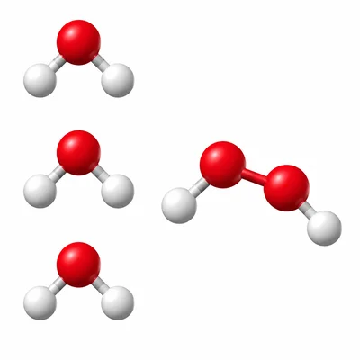 Molecular models comparing repeating unchanged water molecules with an altered molecule containing an extra oxygen atom.