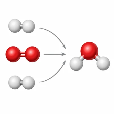 Hydrogen and oxygen molecules shown reacting to form a water molecule.