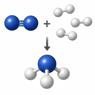 Nitrogen and hydrogen molecules shown forming an ammonia molecule.