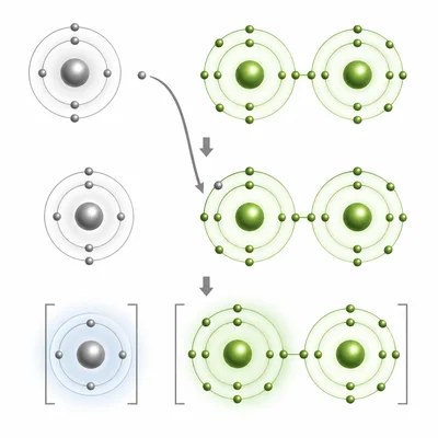 A sodium atom and chlorine molecule shown forming sodium chloride.