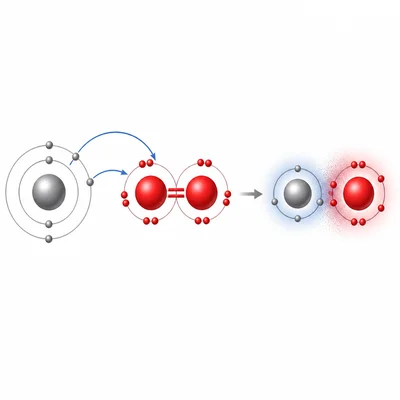 A magnesium atom and oxygen molecule shown forming magnesium oxide.