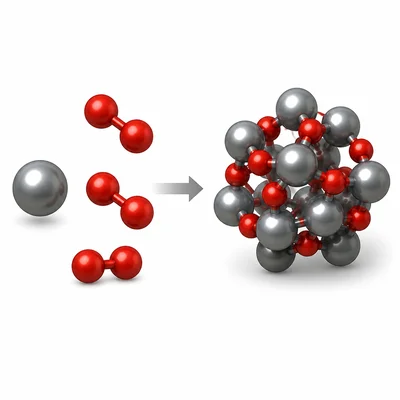 An iron atom and oxygen molecule shown forming an iron oxide cluster.