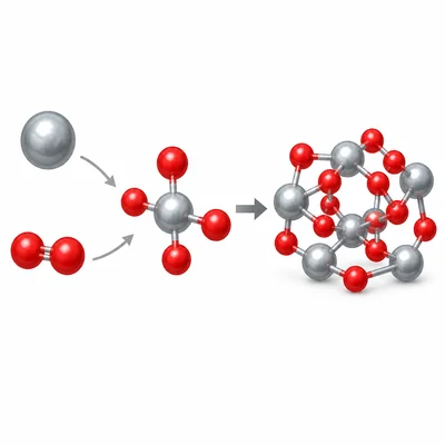 An aluminum atom and oxygen molecule shown forming an aluminum oxide cluster.