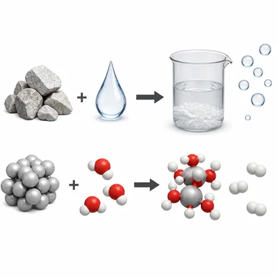 Calcium and water shown forming calcium hydroxide and hydrogen gas.