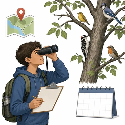 Student records a bird observation with a map pin and calendar icon.