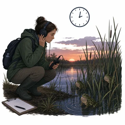 Volunteer listens for frog calls near a pond at sunset with a clock icon.