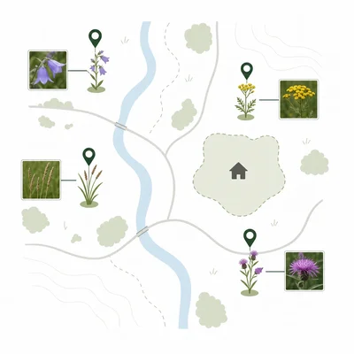 Map showing precise plant observations with pins compared to a vague location near a house.
